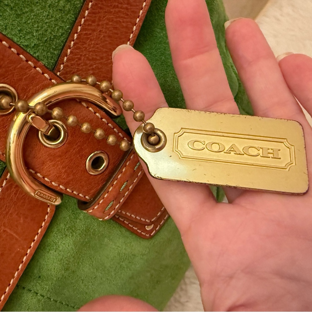 Coach Hampton Flap Satchel- Green Suede Shoulder Bag with Brown Leather Straps - Picture 14 of 14